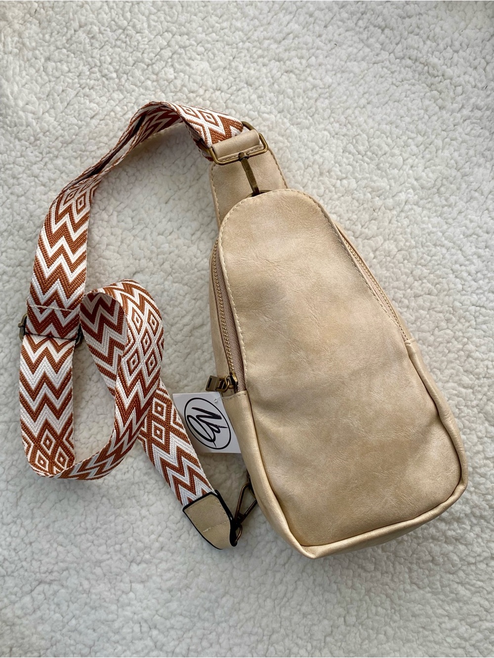 NWT Vegan Leather Sling “Guitar Bag” with Patterned Strap
